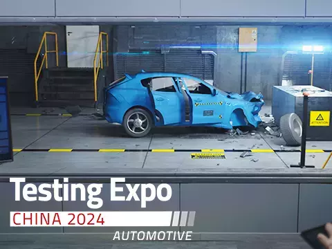 Crash test in lab environment with testing expo china logo over top