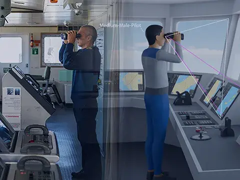 A 3D model of a crew member on the command bridge of a ship