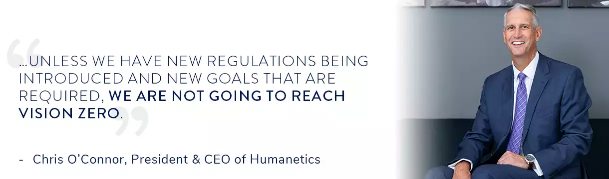 Chris O'Connor headshot with quote about not meeting vision zero without new regulations and goals.